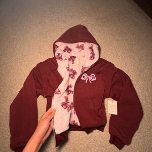 JUNIORS Maroon Hoodie with Bow Ribbon Pink Lining